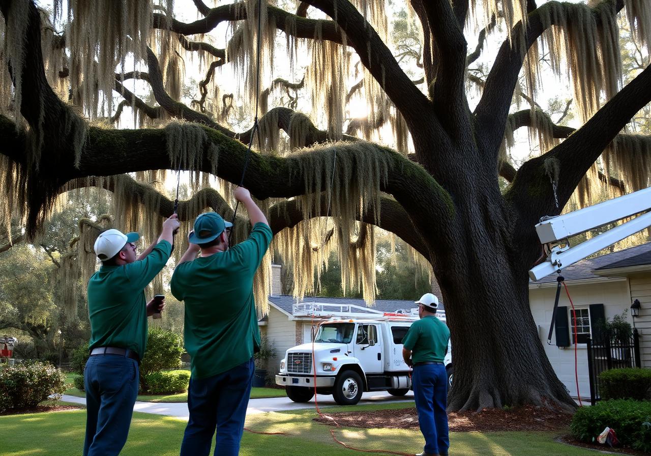 Tallahassee Tree Service crew rigging a large live oak limb in a residential front yard